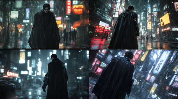 夜晚大雨澎湃，黑色斗篷，右手机械手臂，未来科技城市，亚洲男性，高对比度，冷色调，广角镜头，雨水效果，侧光，动态模糊，金属质感，机械质感，孤独感，神秘氛围，机械元素，正面走来，真实风格，全身人物真实，虚幻引擎渲染。