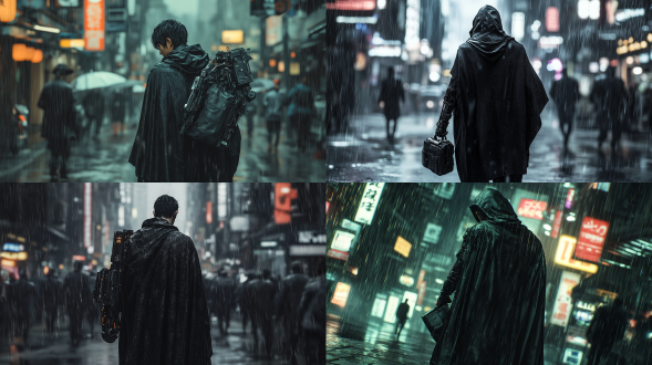 大雨澎湃，正面面对镜头，黑色斗篷，右手机械手臂，细节清晰，人群中突出，未来科技城市，背着包裹，孤独真实风格，亚洲男性，极其精细，高对比度，冷色调，广角镜头，雨水效果，侧光，动态模糊，金属质感，机械质感，孤独感，神秘氛围，机械元素，正面走来，真实风格，全身人物真实，虚幻引擎渲染。