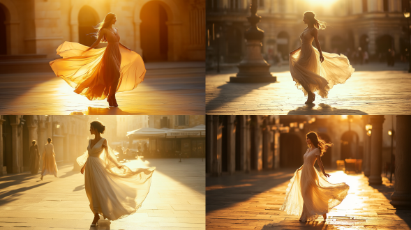女性穿天马座圣衣，广场行走，阳光明媚，金色光芒，优雅姿态，长裙飘逸，微笑表情，广角镜头，自然光，柔和色调，宁静氛围，自信步伐。