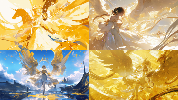 女性身穿天马座圣衣，婀娜多姿，面带微笑，广场阳光明媚，高光对比，自然光，广角镜头，动态行走，金色与白色，优雅自信。