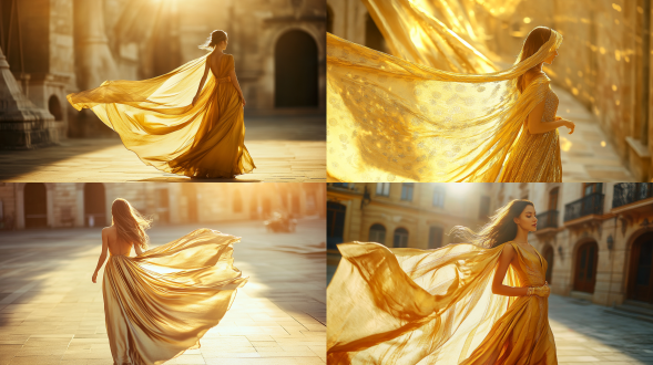 女性身穿黄金射手座圣衣，婀娜多姿，阳光明媚的广场，金色圣衣闪耀，广场中央，长焦镜头，自然光，慢快门，优雅行走，金色与阳光交织，自信与力量。