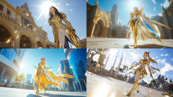 女性身穿黄金射手座圣衣，阳光下闪耀，广场背景，动漫风格，高光细节，广角镜头，自然光，动态步伐，金色与蓝色，自信与力量。