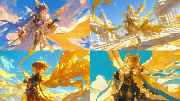 女性身穿黄金射手座圣衣，阳光明媚的广场，婀娜身姿，细节精致，动漫风格，广角镜头，自然光，动态步伐，金色与蓝色调，自信与力量。