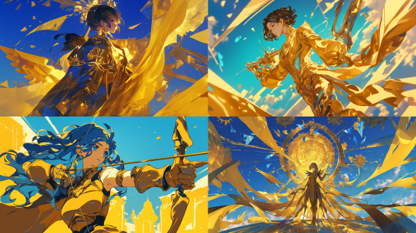 女性身穿黄金射手座圣衣，广场阳光明媚，高饱和色彩，动漫风格，广角镜头，自然光，动态步伐，金色与蓝色对比，自信与力量。