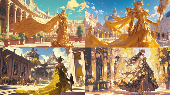 身穿婀娜的女性，身穿日本动漫圣斗士星驰的黄金射手座圣衣，在阳光明媚的广场行走