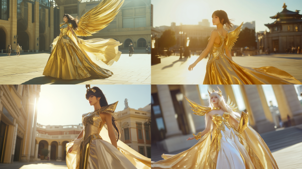 身穿婀娜的女性，身穿日本动漫圣斗士星驰的黄金射手座圣衣，在阳光明媚的广场行走