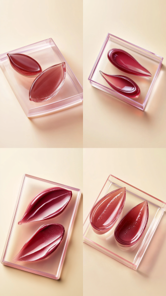 唇釉液体在亚克力台上特写，俯拍，中心构图，干净背景，柔和光，细腻质感，微距镜头，高饱和度，精致，宁静。