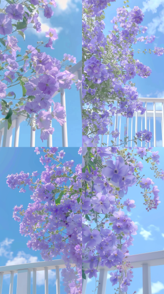 浅紫色小花，蓝色天空，白色栏杆，三分法构图，清新风格，自然光，微距镜头，柔和色调，宁静。 低角度 室外看室内 仰视视角