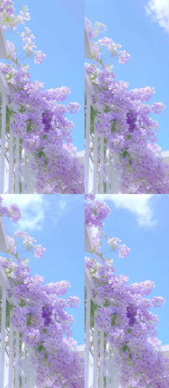 浅紫色小花，蓝色天空，白色栏杆，中间留白，清新风格，自然光，微距镜头，柔和色调，宁静。 低角度 室外看室内 仰视视角