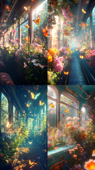 3d艺术，梦幻的配色，极简留白，柔和模糊的边缘，长满各色花草的火车里，发光的小蝴蝶,追逐嬉闹，雾气,oc渲染，oc渲染，高饱和度蓝色系配色，充满生命力和希望，明媚的阳光透进窗户