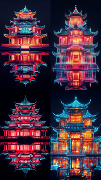 chinese villa ,symmetrical composition, minimalist shape cyberpunk.vivid colors. bioluminescence,x-ray, pure black background