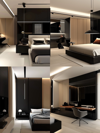 现代简约风格的室内场景，简洁又舒适感极强的卧室与书房，黑白为主色调，清新淡雅的氛围，采用室内全景景别，画面细节丰富，低饱和度，渲染质量高，呈现出舒适且时尚的居住空间 极简主义