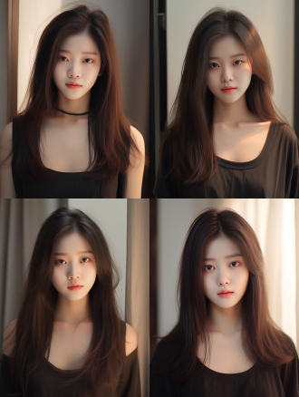 25岁中国女性半身特写，头发细节高清清晰，精致简约服饰温柔微笑，室内柔和背景，半身像，柔焦，画面高清，高分辨率，广角，暖光，宁静。