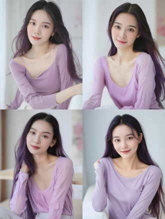 25岁中国女性半身特写，头发颜色是紫色的，头发细节清晰，精致简约服饰，温柔微笑，影棚中正面构图，半身像，柔焦，高清，高分辨率，广角镜头，暖光，宁静。