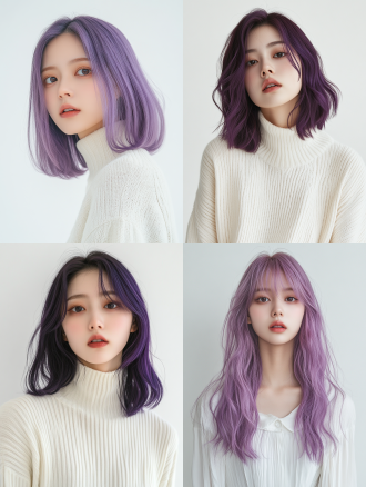 25岁真实人物中国女性半身特写，中长短发，头发颜色是葡萄紫色的，头发细节清晰，高领米白色服饰，影棚中正脸面部构图，美发广告模特人像，半身像，双手自然下垂，背景纯白色，自然表情，现代时尚，高分辨率，浅色调，专注，优雅，长焦镜头，侧光，柔和阴影，放松，舒适。