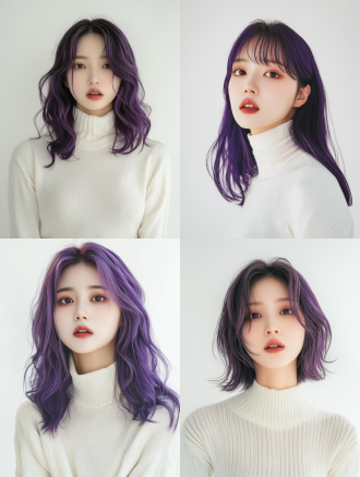 25岁真实人物中国女性半身特写，中长短发，头发颜色是葡萄紫色的，头发细节清晰，高领米白色服饰，影棚中端庄闭嘴正脸面部构图，广告模特人像，双手自然下垂，背景纯白色，自然表情，现代时尚，高分辨率，浅色调，专注，优雅，长焦镜头，侧光，柔和阴影，放松，舒适。