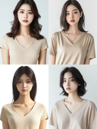 25岁真实人物中国女性半身特写，齐肩发，头发颜色是黑棕色的，头发细节清晰，衣服现代米色平领上衣，影棚中正面构图，美发广告模特人像，半身像，双手自然下垂，背景纯白色，自然表情，现代时尚，高分辨率，浅色调，专注，优雅，长焦镜头，侧光，柔和阴影，放松，舒适。