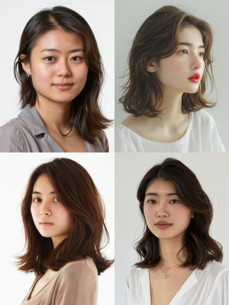 20岁真实人物中国年轻女性半身特写，披肩中长发，头发颜色是栗棕色的，头发细节清晰，影棚中，脸朝前正面，两边肩膀端正，半身像，不要出现手指，背景纯白色，自然表情，高分辨率，浅色调，专注，优雅，长焦镜头，侧光，柔和阴影，放松，舒适。