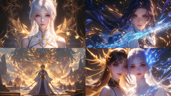 动漫女性，半身像，艺术，面向镜头，特效环绕，国风，准备战斗，挑衅而美丽，关键帧，美丽壁纸，艺术站趋势，对角线布局，高对比度，冷色调，广角镜头，侧光，快速快门，动态，紧张，游戏角色原画，虚幻引擎，细腻肌肤，曲线迷人，优雅姿态，曼妙身材，角色立绘