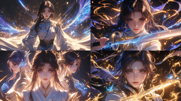 动漫女性，半身像，艺术，面向镜头，特效环绕，国风，准备战斗，挑衅而美丽，关键帧，美丽壁纸，艺术站趋势，对角线布局，高对比度，冷色调，广角镜头，侧光，快速快门，动态，紧张，游戏角色原画，虚幻引擎，细腻肌肤，曲线迷人，优雅姿态，曼妙身材，角色立绘