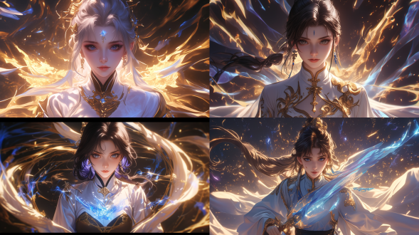 动漫女性，半身像，艺术，面向镜头，特效环绕，国风，准备战斗，挑衅而美丽，关键帧，美丽壁纸，艺术站趋势，对角线布局，高对比度，冷色调，广角镜头，侧光，快速快门，动态，紧张，游戏角色原画，虚幻引擎，细腻肌肤，曲线迷人，优雅姿态，曼妙身材，角色立绘