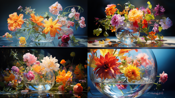 透明玻璃内，鲜艳花朵居中，晶莹美丽，对称构图，高光溢出，室内环境，微距镜头，自然光，静态，纯净色彩，宁静。