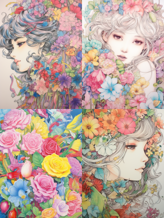 90's japanese animation style, pen drawings, smell of a bouquet of flowers of various kinds, pastel colors, close-up