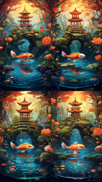 古风插画 招财进宝中心构图，奇幻场景，卡通风格可爱蛇 ，创意元素，萌态，新奇 插画 卡通 锦鲤