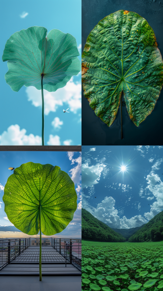 夏天微风中，硕大绿荷叶，蓝天衬白云，对角线构图，自然光，全景镜头，清新色调，蝉鸣，惬意。