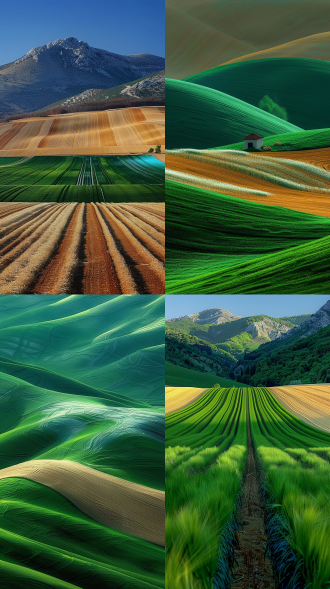 山脉 广角 大场景 远景 绿色山脉 黄色麦田 丰收 收割