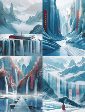 竖着古书 ， 古手书口， 山水 书山 ，空旷 ，布山 书籍 古籍 极简 留白 白色 干净背景 冰川 天空 超现实风景 梦境 美术馆 并列构图 低角度 长焦拍摄 360度全景 远景透视 超广角 仰视视角 象牙白 黑白 米色 白金 时尚灰 宝宝蓝 靛蓝 深蓝 艳蓝 纸雕 布料 纸板 高调照明 柔光 冷光 自然照明 泛光灯 平面摄影 武侠 书法 国画 道 禅宗 儒家文化 水墨 丝绸 刺绣 景泰蓝 全局光 星空 蓝色时间 象牙 稳重蓝