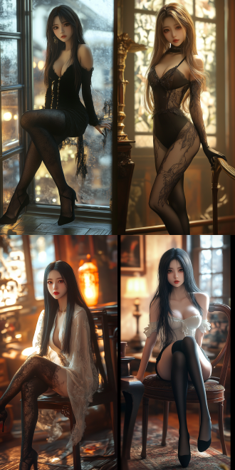 长发东亚美女，清凉装扮，室内光线，柔和灯光，温暖氛围，黑色丝袜，高跟鞋，全身照，超写实风格，细节丰富，质感细腻，广角镜头，自然光，高分辨率，优雅姿态，迷人眼神。