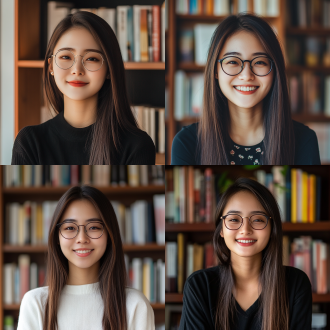 中国戴眼镜女人，时尚服装，长直发，自信微笑，室内拍摄，高调风格，侧光逆光，中焦镜头，动态姿势，明亮色彩，时尚感，优雅。室内，书架背景，对角线构图，高光强调，暖色调，广角镜头，侧光，快速快门，跳跃，紧张。