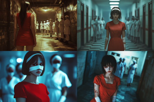 超写实风格的年轻女人，照片质感，中长发，穿着一身红色裙子。远处是十几个寂静岭中的护士，穿着白色护士服，白色长袜，头上缠着绷带，神秘，阴暗色彩，注重细节，8k画质，夜晚室内光线，昏暗