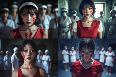 超写实风格的年轻亚洲女人正面，美丽容貌，脸上有番茄汤痕迹，照片质感，中长发，穿着一身红色裙子。远处是十几个寂静岭中的护士，穿着白色护士服，身上有红色番茄酱痕迹，白色长袜，头上缠着绷带，神秘，阴暗色彩，注重细节，8k画质，夜晚室内光线，昏暗