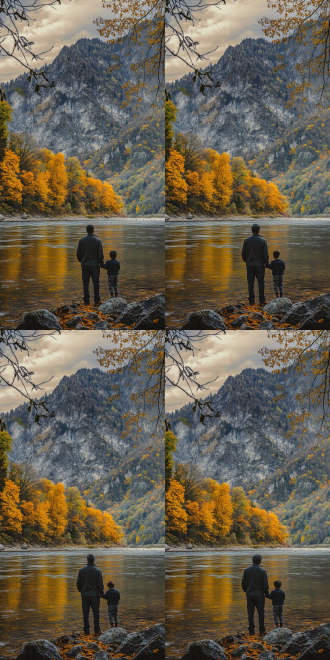 父子站河边秋日群山背景，印象派风格，父亲沉稳儿子好奇，高级色彩，全景构图，柔和光线，中长焦镜头，宁静。