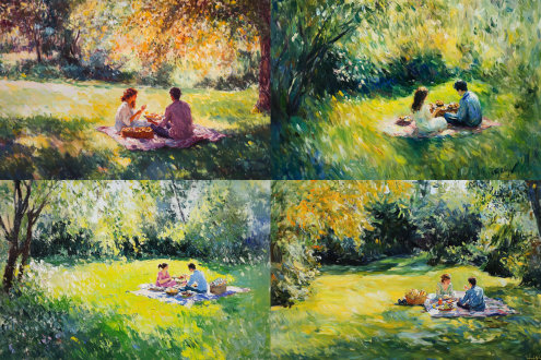 艺术作品，高级色彩，印象派油画风格，claude monet，在美丽的草坪上，远处有一对情侣正在野餐垫上，垫子上有简单的食物，他们正在欢乐的聊天，欢乐气氛，艺术笔触，注重细节，白天，温暖明媚，美好