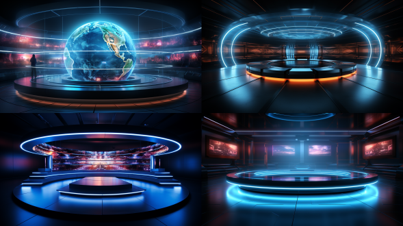 科技研发环形电视墙，3d纵深感，rgb规律布于玻璃延伸至后，深色系，广角镜头，顶光，未来感，深邃，科技风。