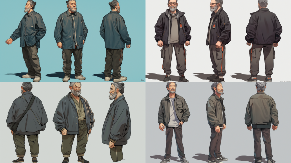 three views, full body, front, side, back, cartoon ip,a middle-aged man around 50 years old, dressed in ordinary clothes, has a weathered face. he has an asian appearance, with black hair, black eyes and pupils. his face is covered with a thick beard. this is a full-body image that showcases his overall attire, with an anime-like texture and presented in a 2.5d style.ultra high-definition 8k, 16:9 aspect ratio.