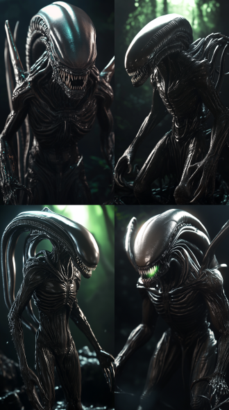 异形怪物，黑暗森林，阴森氛围，广角镜头，低角度拍摄，逆光，动态模糊，尖锐牙齿，绿色荧光，恐惧感。