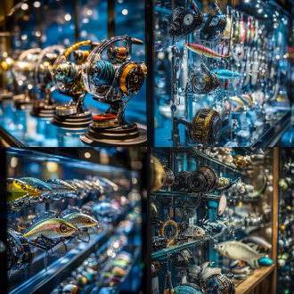 渔具渔轮展示，假鱼饵细节，鱼竿排列，渔轮光泽，展示柜台，专业布局，高分辨率，室内灯光，微距镜头，自然光，静态展示，金属质感，海洋蓝调，期待感。