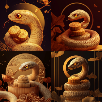 蛇年中秋海报，金色瞳孔蛇举月饼，国潮背景，极简风，对角线构图，暖光，长焦镜头，4k，神秘高级感。