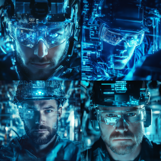 劳动节海报，居中构图，科技蓝调，电子元素环绕劳动者，冷光特写，4k画质，工业风，专注神情，力量感。