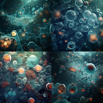 无数细胞由远到近特写，对角线布局，冷色调，微距镜头，顶光，4k画质，微观元素，神秘死亡氛围，精细质感。
