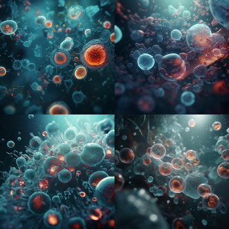 无数细胞由远到近特写，对角线布局，冷色调，微距镜头，顶光，4k画质，微观元素，神秘死亡氛围，精细质感。