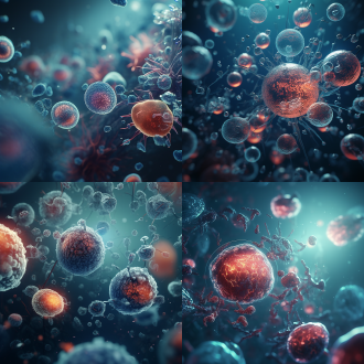 无数细胞由远到近特写，对角线布局，冷色调，微距镜头，顶光，4k画质，微观元素，神秘死亡氛围，精细质感。