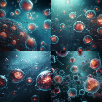 无数细胞由远到近特写，对角线布局，冷色调，微距镜头，顶光，4k画质，微观元素，神秘死亡氛围，精细质感。