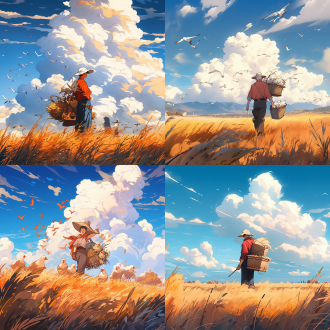 宫崎骏风格，秋天的草地，农夫抱饲料喂鸡，焦点农夫，蓝天白云背景，原始效果，精致细节，三分构图，色彩艳丽，温暖光线，广角镜头，自然环境，生动表情，和谐氛围。