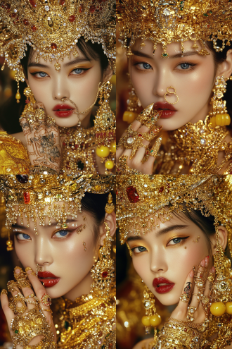 qi liu hai wears a golden gemstone crown hat on her head, and is dressed in a close fitting and piece of gold material. the clothes are covered with gold pieces, and her lips are covered with bright red diamonds. she has indian style gold bracelets on her hands, feet, and nose, yellow bell ankle chains on her feet, and a nose ring connected to her ears. she has a haina tattoo on her hand, black ear length short hair, and bangs. smoked outfit, blue eyes
