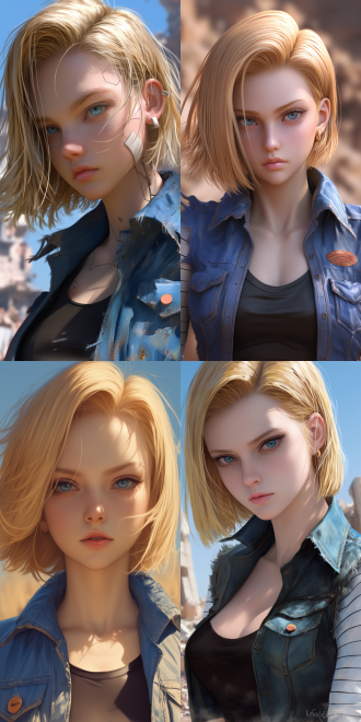 dragon ball's android 18 is at the heart of a ruined city. her short, straight blonde hair is slightly tousled by the wind. hyper realistic,realism,photo realism,super detailed face ultra detailed,ultrafine detail,perfect detail,figur ative art,